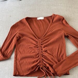 Altar'd State Terracotta Ribbed V-Neck Top